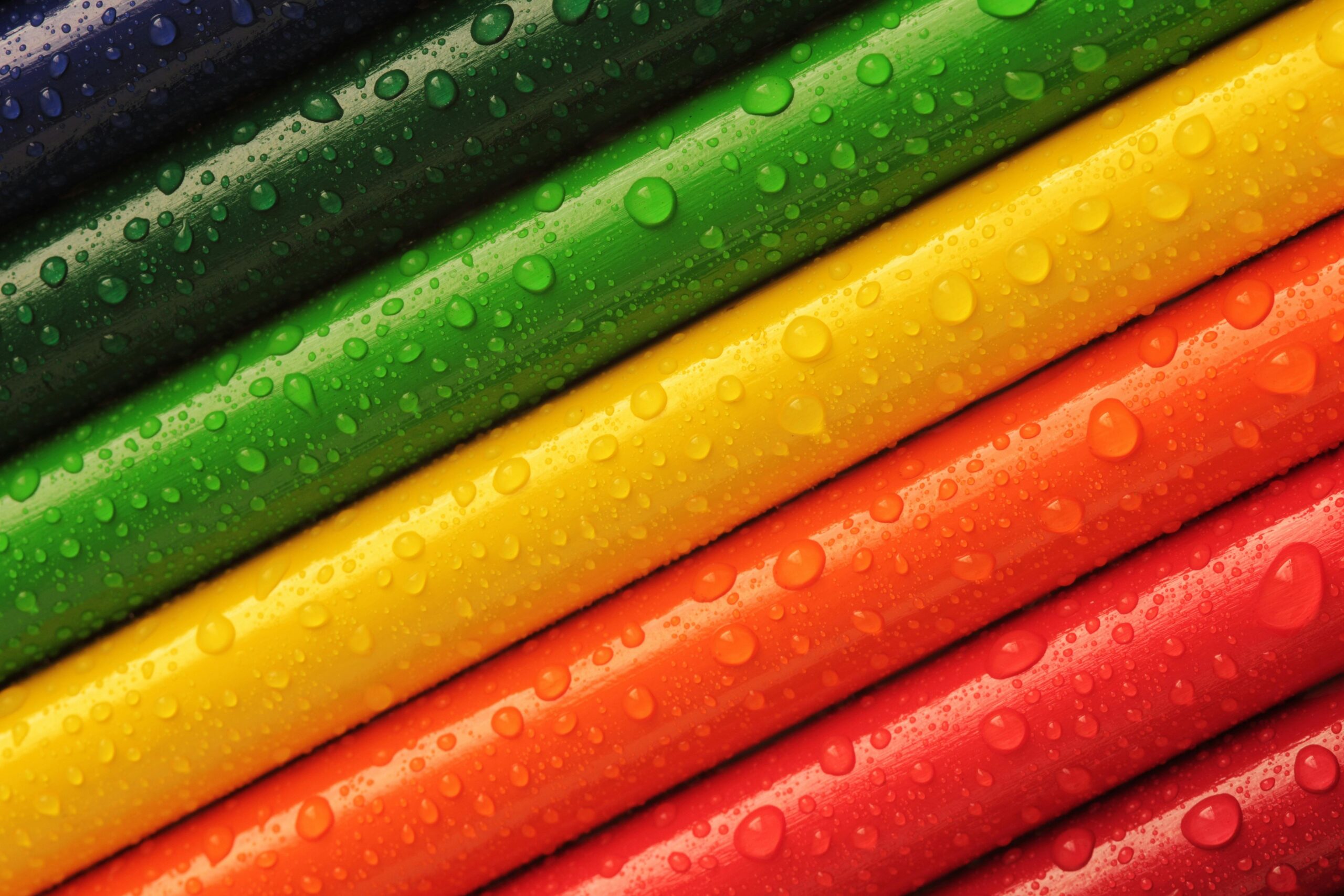 Close-up of colorful pencils with water droplets, displaying vibrant hues.